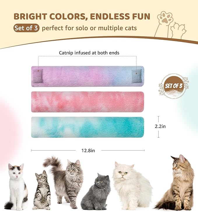 3 Pack Cat Kicker Toy Pillows, Interactive Plush Toys with Catnip Inside, Soft Durable Kick Sticks Teething Chew Toy, Cat Body Pillows for Indoor Cats & Kittens, Promote Exercise, Play & Cuddle