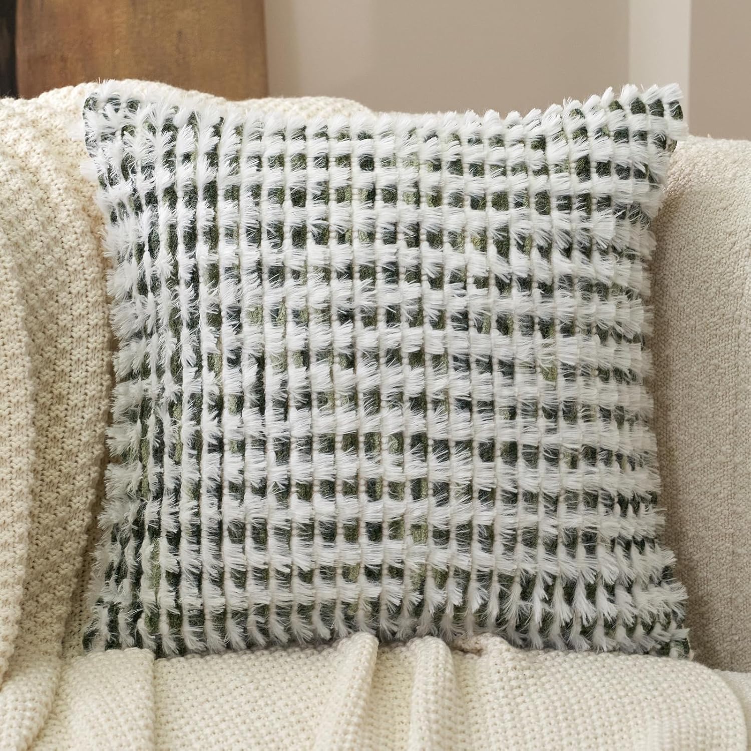 Aeckself Boho Chenille Tufted Pillow Cover 20 x 20 Inch, Decorative Square Throw Pillow Cover Neutral Pillowcase for Couch Bedroom Living Room, Green White