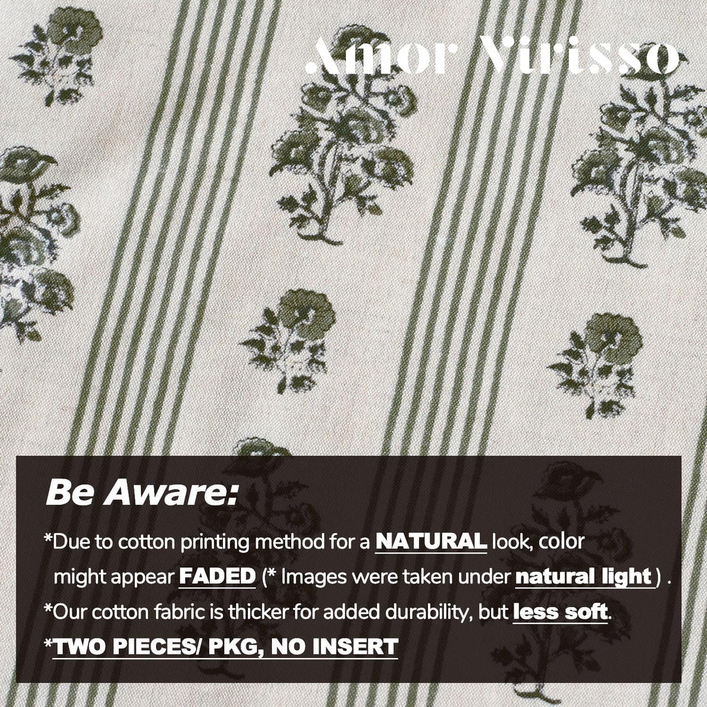 Amor Virisso Floral Throw Pillow Covers 20x20 Set of 2 Block Print Pillow Covers Neutral Floral Striped Farmhouse Decorative Pillow Covers for Sofa Couch Bed, Dusty Green