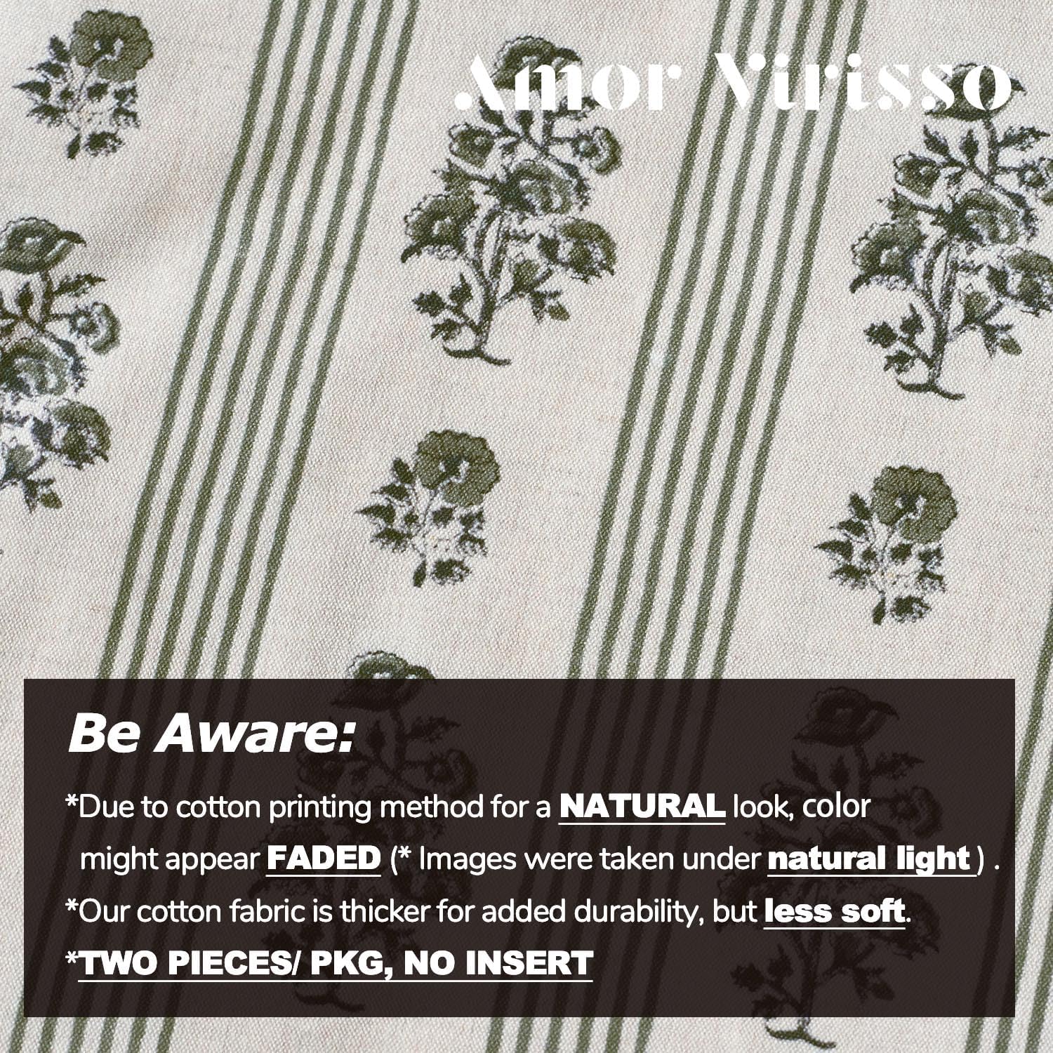 Amor Virisso Floral Throw Pillow Covers 24x24 Set of 2 Block Print Pillow Covers Neutral Floral Striped Farmhouse Decorative Pillow Covers for Sofa Couch Bed, Dusty Green