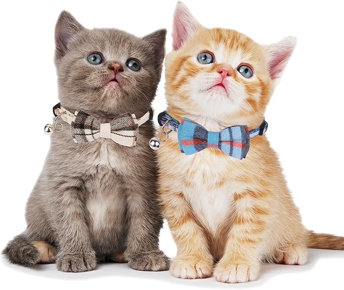 ADOGGYGO Plaid Cat Collars Breakaway with Bow Bell, Removable Bowtie, 2 Pack Beige Blue Plaid Kitten Bow Collar for Cats Kittens