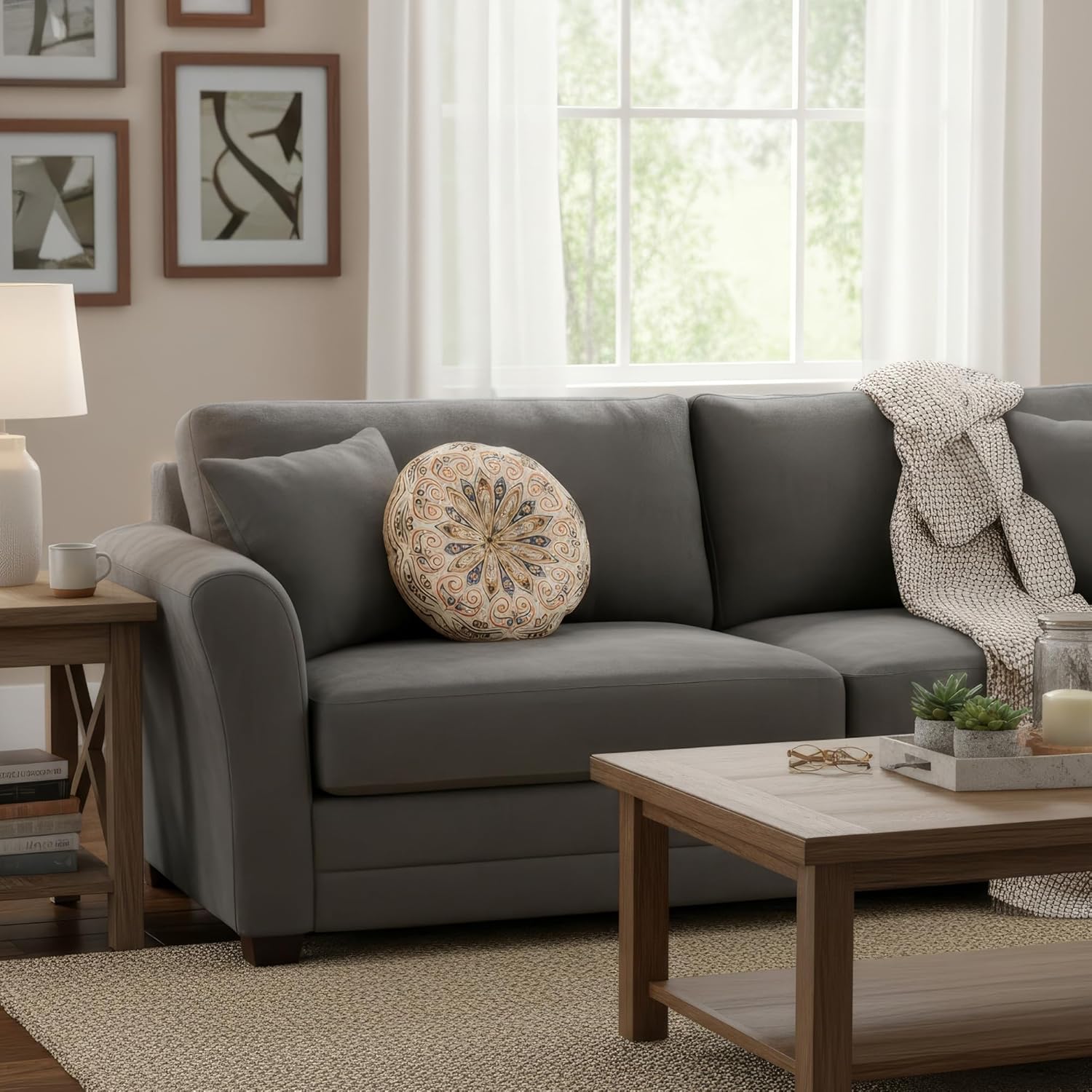 Mandala Round Floor Pillow - 16x16 inch Reversible Cotton Linen Meditation Cushion for Yoga, Balcony & Patio Decor (Floral Bloom)