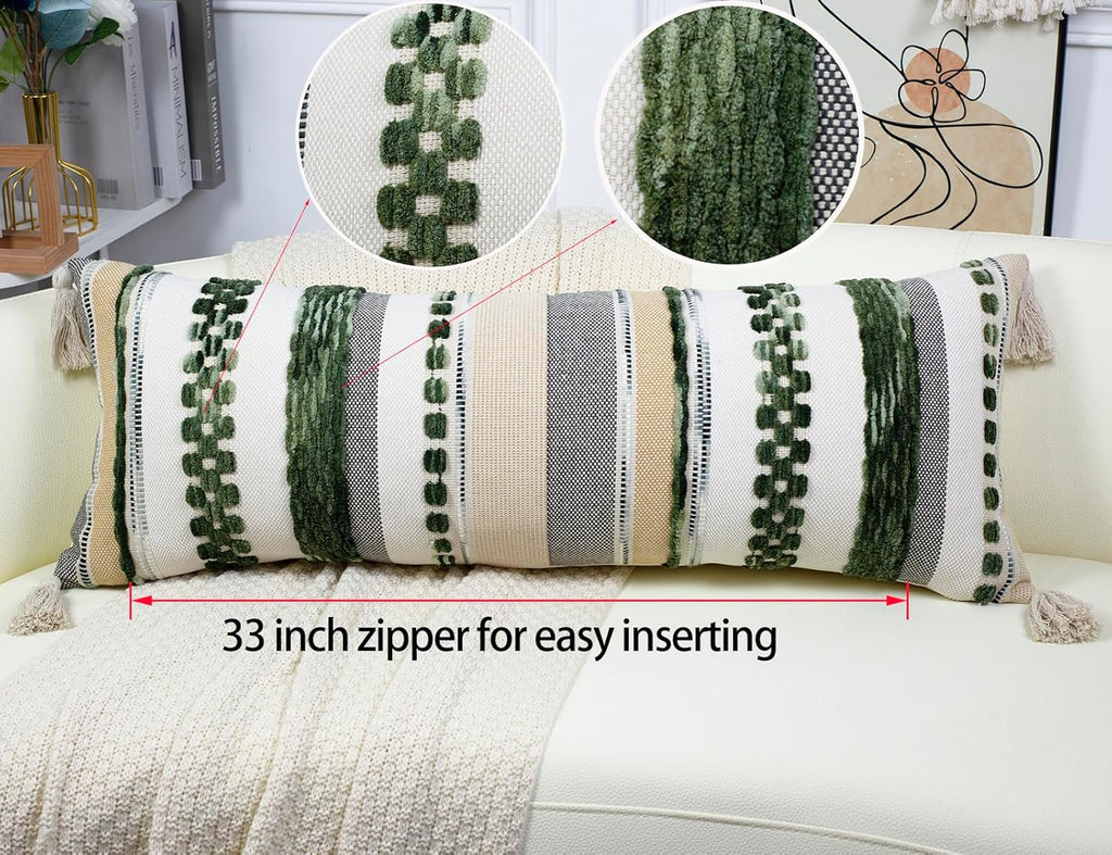 PANOD Boho Long Lumbar Throw Pillow Cover 16 x 36 Dark Green, Chenille Morocan Extra Long Pillow Case Cover, Decorative Long Pillow for Bed Couch Sofa Farmhouse