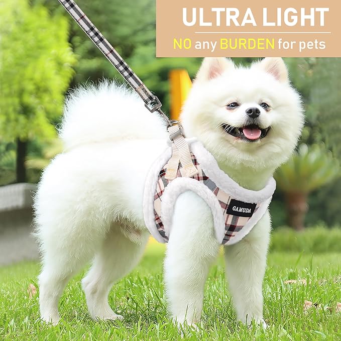 GAMUDA Small Dog Harness Collar and Leash Set, Step in No Chock No Pull Soft Mesh Adjustable Dog Vest Harnesses Plaid Reflective for Dogs Puppy Cats Kitten Rabbit (Warm Beige, XL)