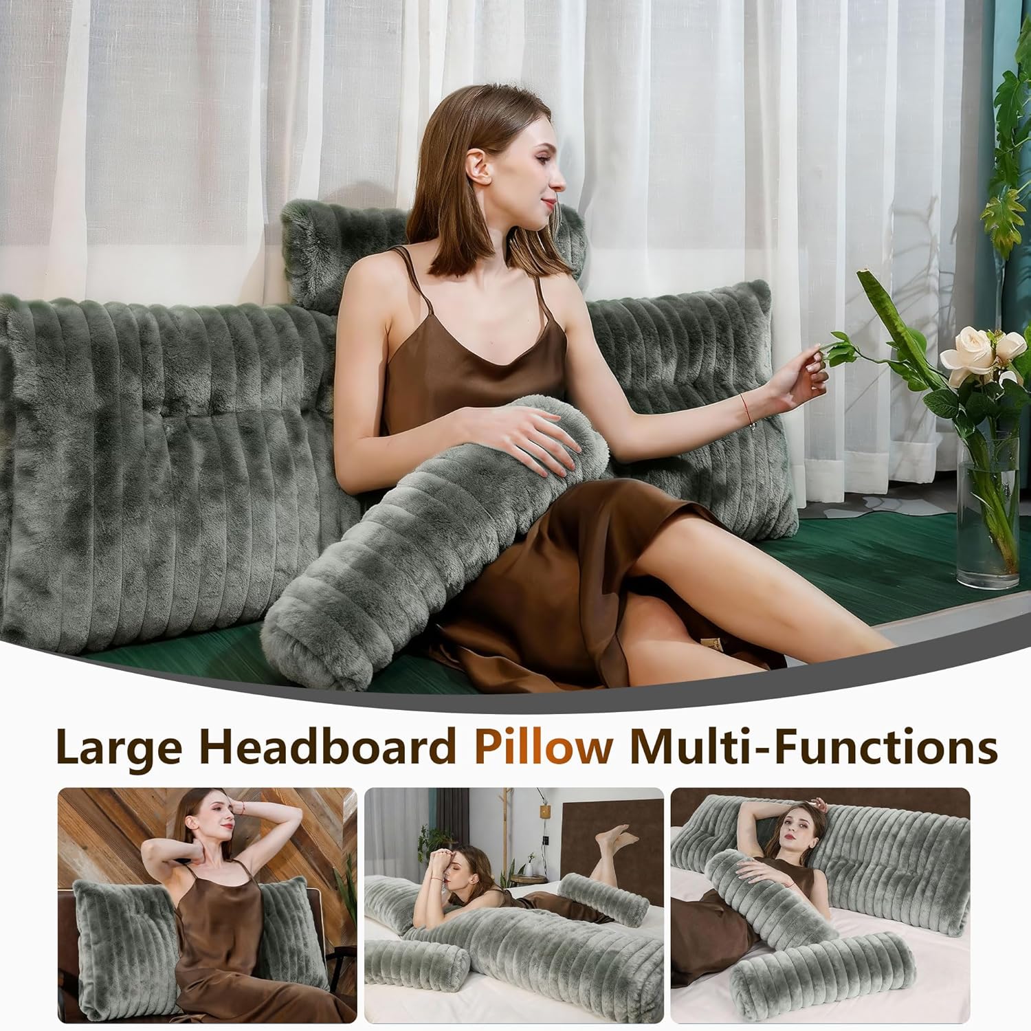 Faux Fur Headboard Pillow King Size, Triangular Wedge Backrest with Removable Head Roll & Side Pocket, Reading Pillow for Bed, Couch, Floor - Ergonomic Support for Neck, Back, Dark Grey