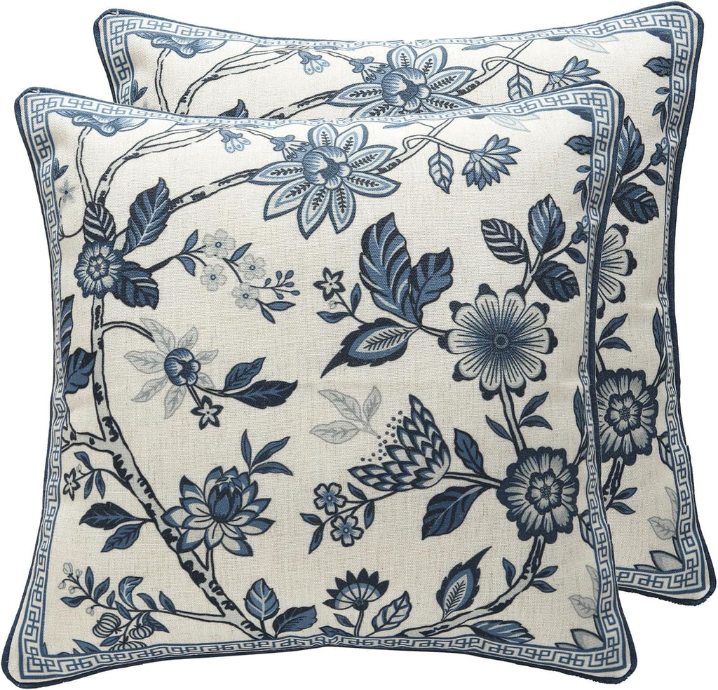 Chinoiserie Throw Pillow Covers Set of 2,Classic Chinoiserie Blue and White with Floral Pattern Linen Throw Pillowcases,Decorative Square Cushion Covers for Couch Bed Car,18x18 Inches