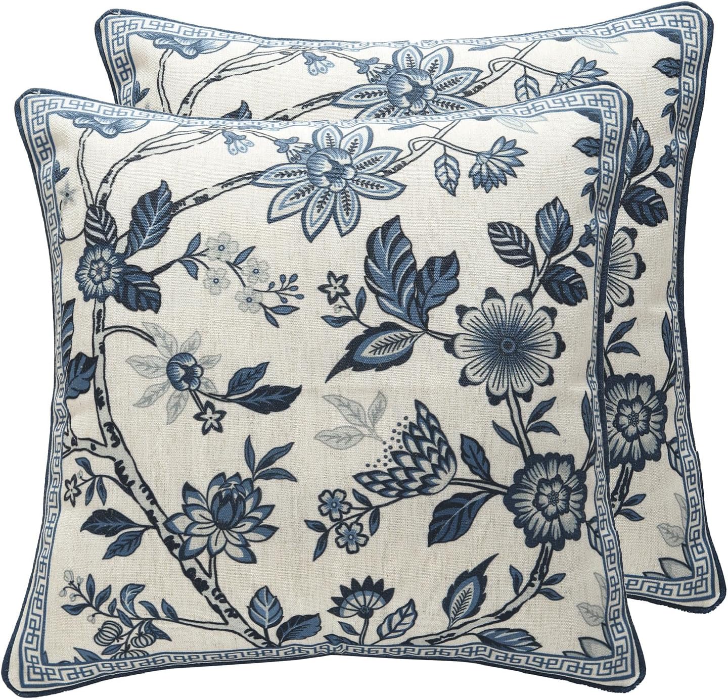 Chinoiserie Throw Pillow Covers Set of 2,Classic Chinoiserie Blue and White with Floral Pattern Linen Throw Pillowcases,Decorative Square Cushion Covers for Couch Bed Car,18x18 Inches