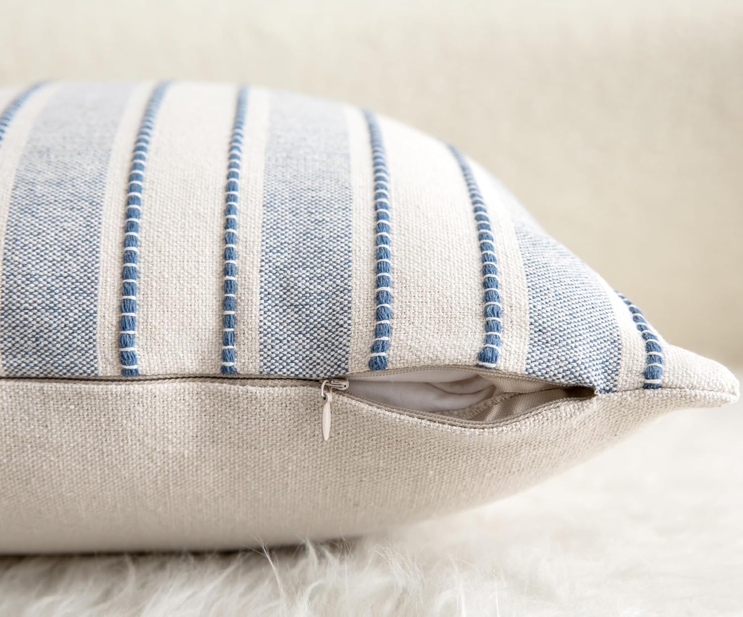 Decorative Boho Lumbar Throw Pillow Covers, Farmhouse Textured Pillow Case, 12 x 20 Inch Set of 2, Chair Sofa Bedroom Living Room Home Decor Couch Cushion Case, Classic Blue and Beige