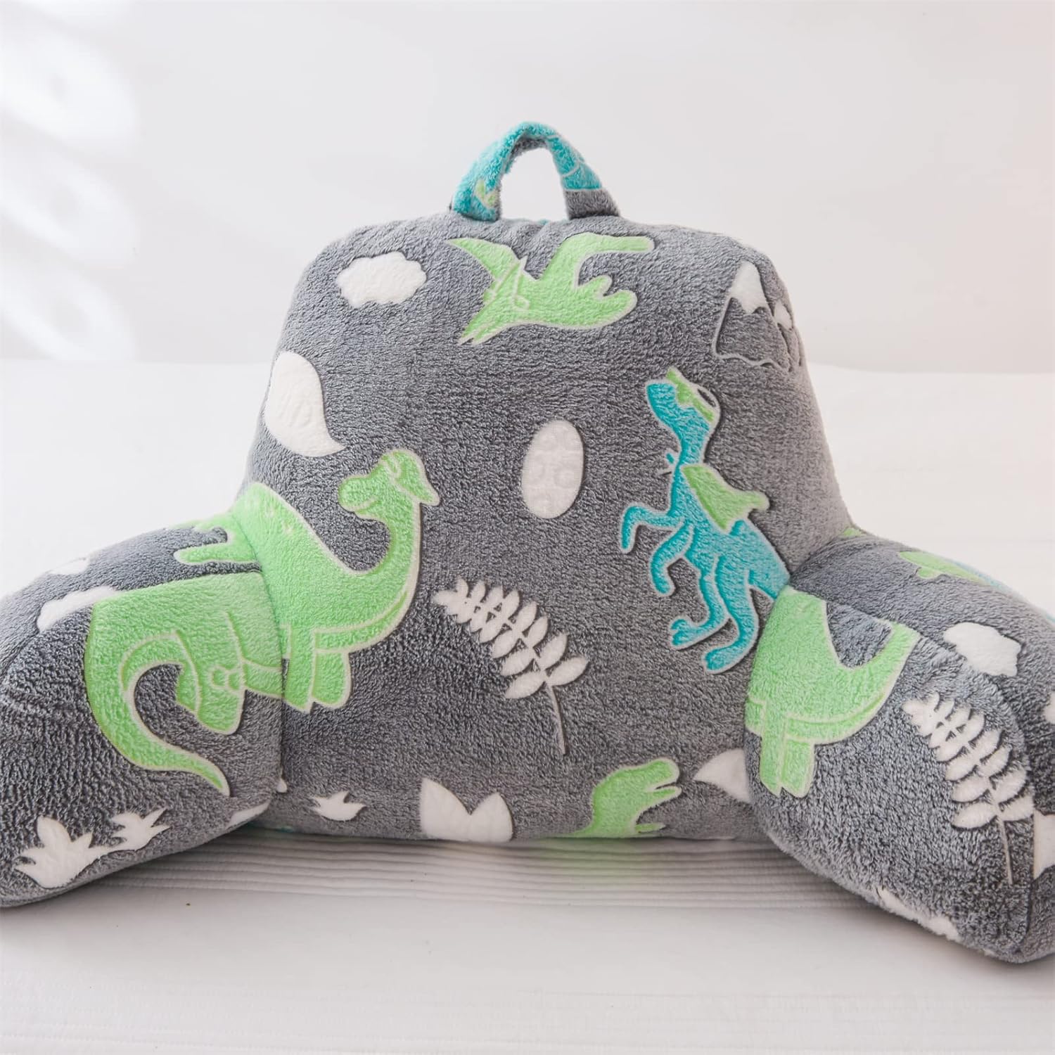 Meeting Story Glow in The Dark Green Dinosaur Luminous Reading Pillows Sparkling with Arms Back Pillow for Bed, Bed Rest Pillow for Adults Teens, Kids, (Blue-Green)