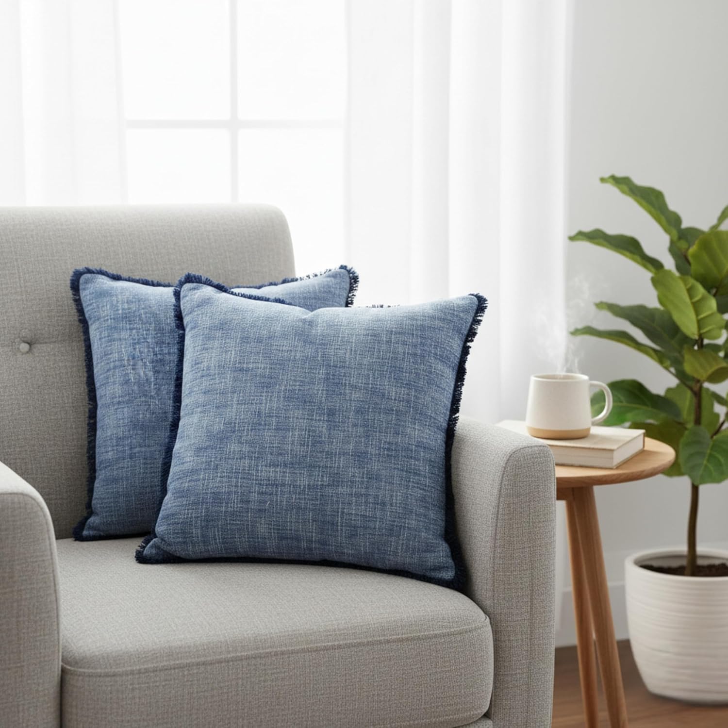 18×18 Blue Textured Cotton Throw Pillow Covers with Decorative Fringe Boho Farmhouse Cushion Cover with Tassels Linen Like Accent Pillowcases for Bed Couch Chair Sofa Living Room, Set of 2