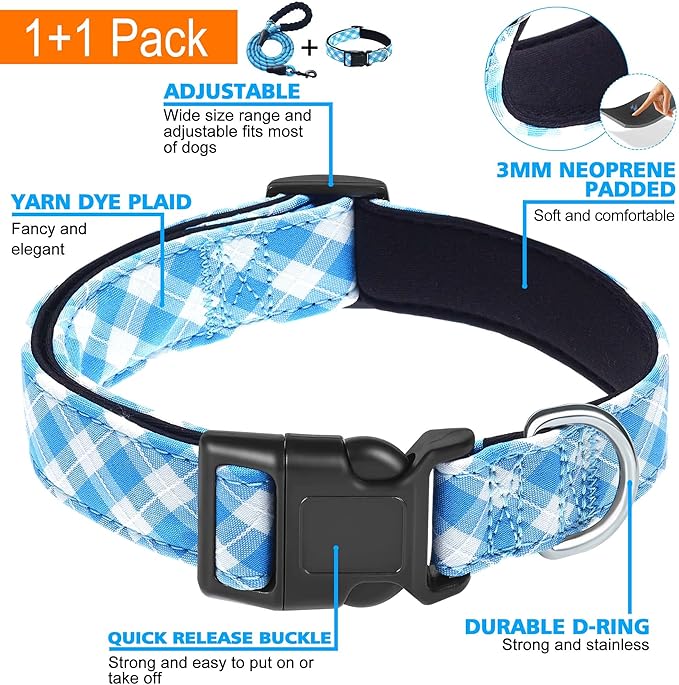 Reflective Dog Collar Padded with Soft Neoprene Breathable Adjustable Nylon Dog Collars for Small Medium Large Dogs (Large (Pack of 1), Vivid Blue Plaid Collar+Leash)