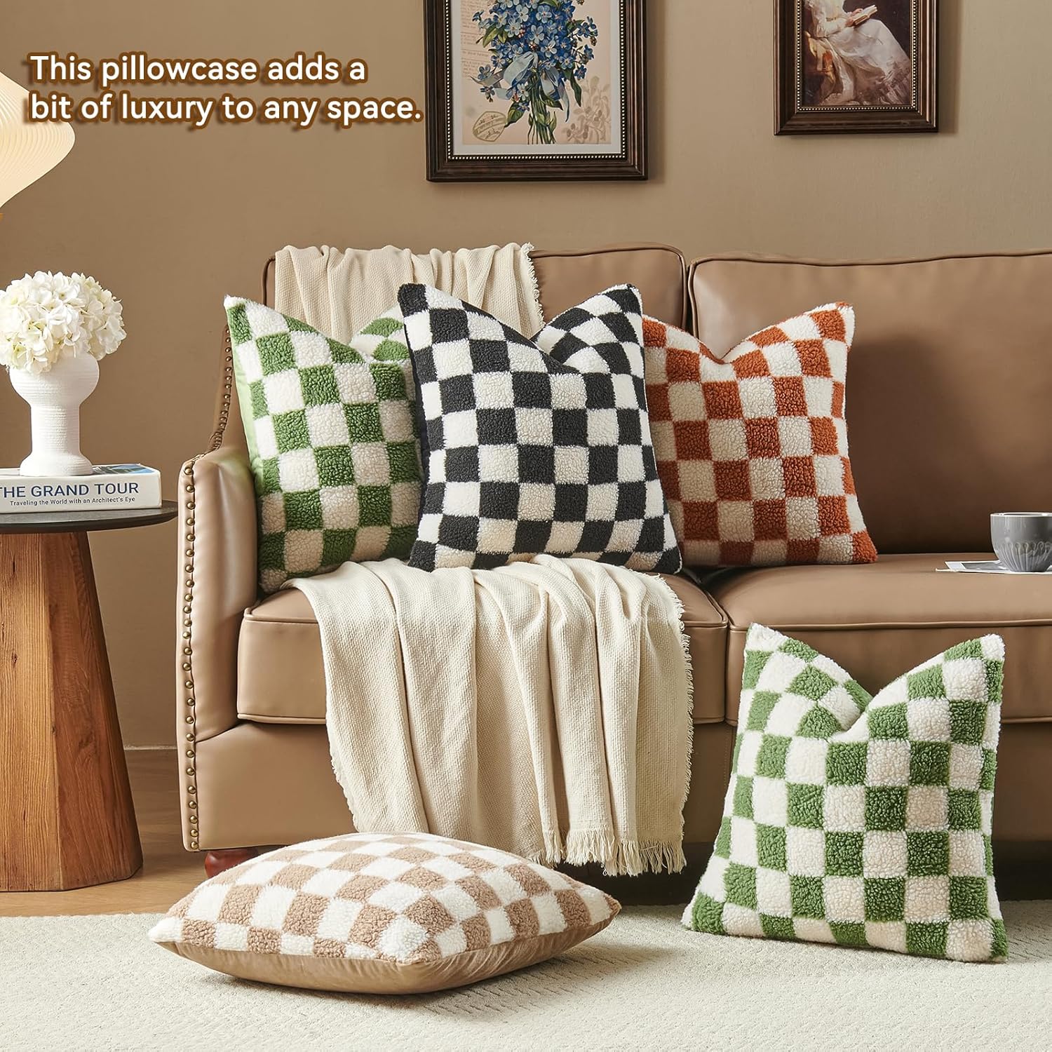 AmHoo Pack of 2 Decorative Throw Pillow Covers Checkerboard Luxury Super Soft Faux Fur Wool Set Case Cushion for Couch Sofa Bedroom 24 x 24-Inch Sage Green