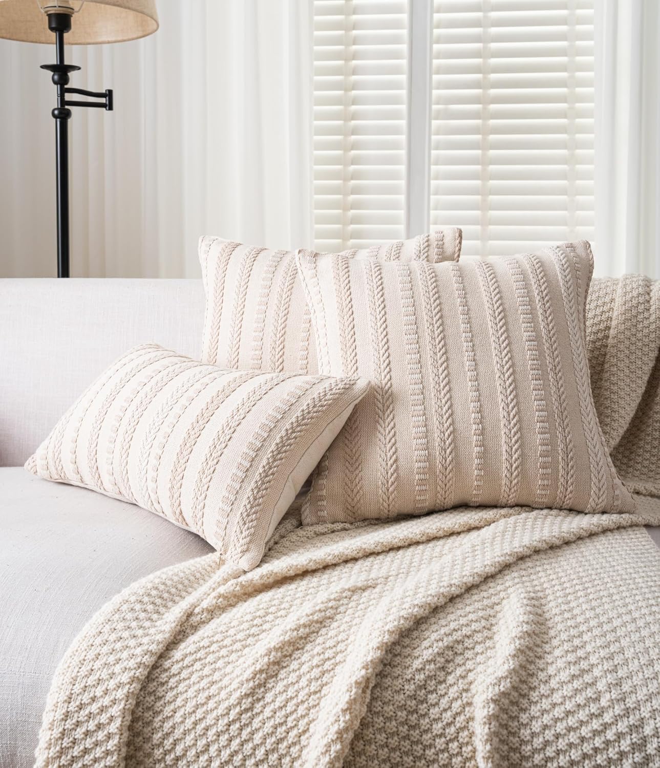 Boho Throw Pillow Covers 20x20 Inch Set of 2, Farmhouse Decorative Couch Pillow Cases, Beige Accent Pillows of Bed, Sofa Bedroom Living Room Home Decor Cushion Cover