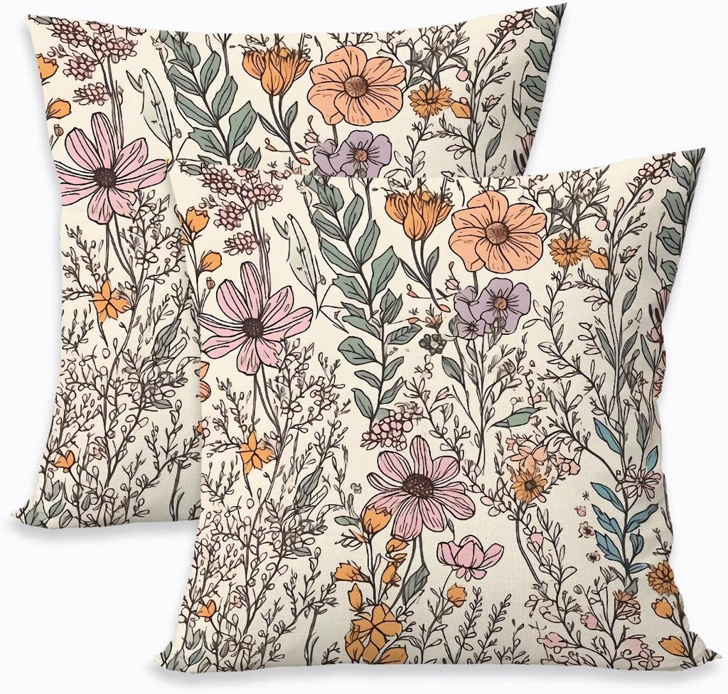 2 Pcs Vintage Floral Throw Pillow Covers, Spring Decorative Throw Pillow Cases Boho Cushion Covers Rustic Decoration for Couch Sofa Bed Bedroom Apartment Dorm Living Room Office Home Decor