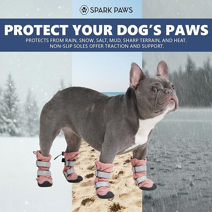 Spark Paws Dog Shoes, Waterproof Dog Boots for Medium to Large Dogs, Non Slip, Breathable Dog Booties and Paw Protectors - 4PCS Doggie Hiking Boots with Reflective Straps - Pink, Size 6