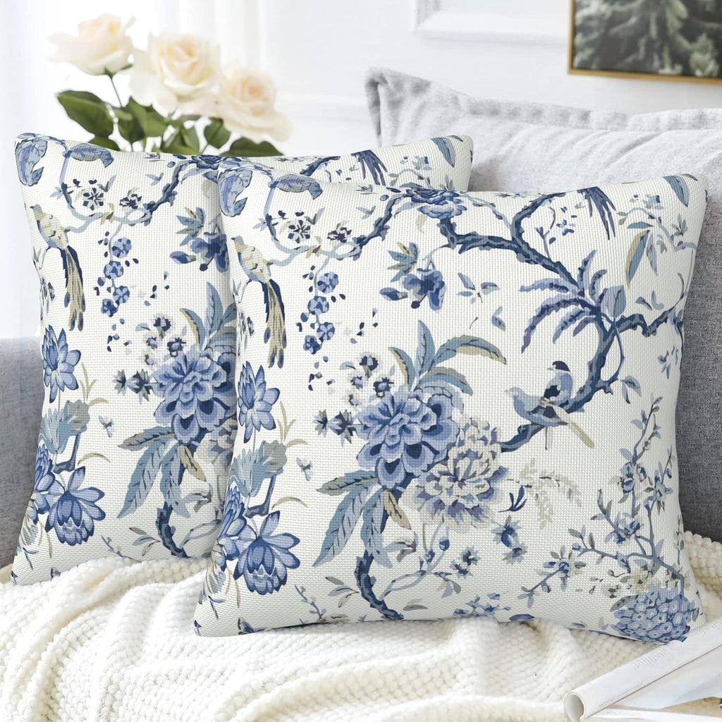 Chinoiserie Throw Pillow Cover Case Blue White Flowers Throw Pillows Set of 2 Super Soft Pillow Covers 20x20 Inches Farmhouse Home Decor for Living Room Bedroom Sofa Couch Cushion Cover