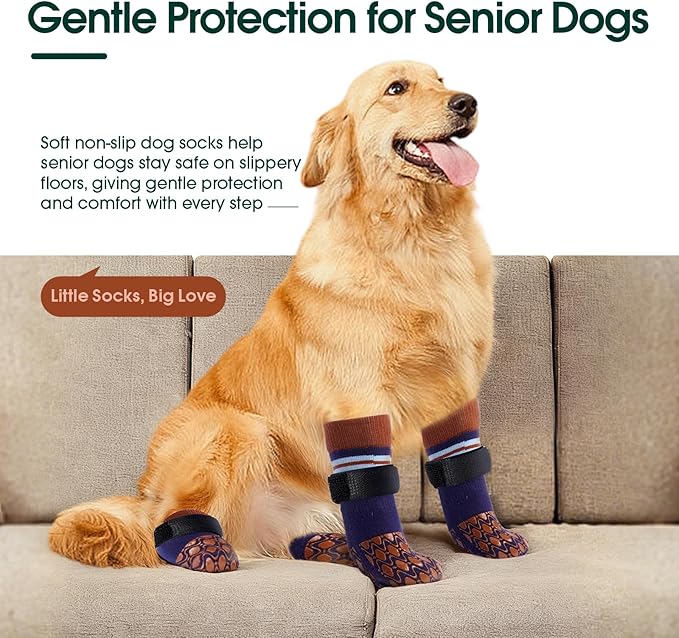 Kuoser Non Slip Dog Socks for Hardwood Floors, 4Pack Anti-Slip Dog Grippy Socks to Prevent Licking Paws, Dogs Booties Paw Protectors with Double-Sided Traction for Small Medium Large Senior Dogs, S