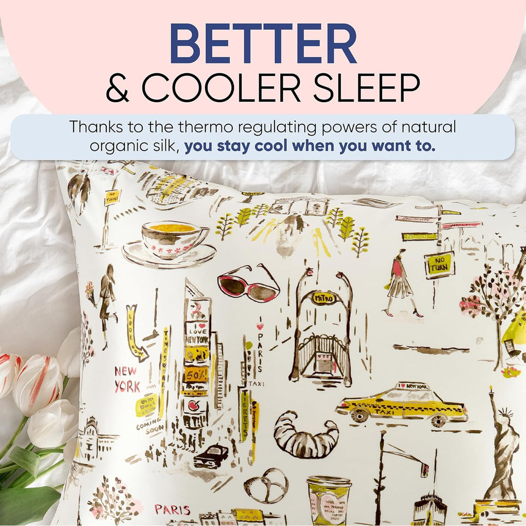 Blissy Silk Pillowcase - 100% Pure Mulberry Silk - 22 Momme 6A High-Grade Fibers - Silk Pillow Cover for Hair & Skin - Regular, Queen & King (Nicole Miller - NY to Paris, King)