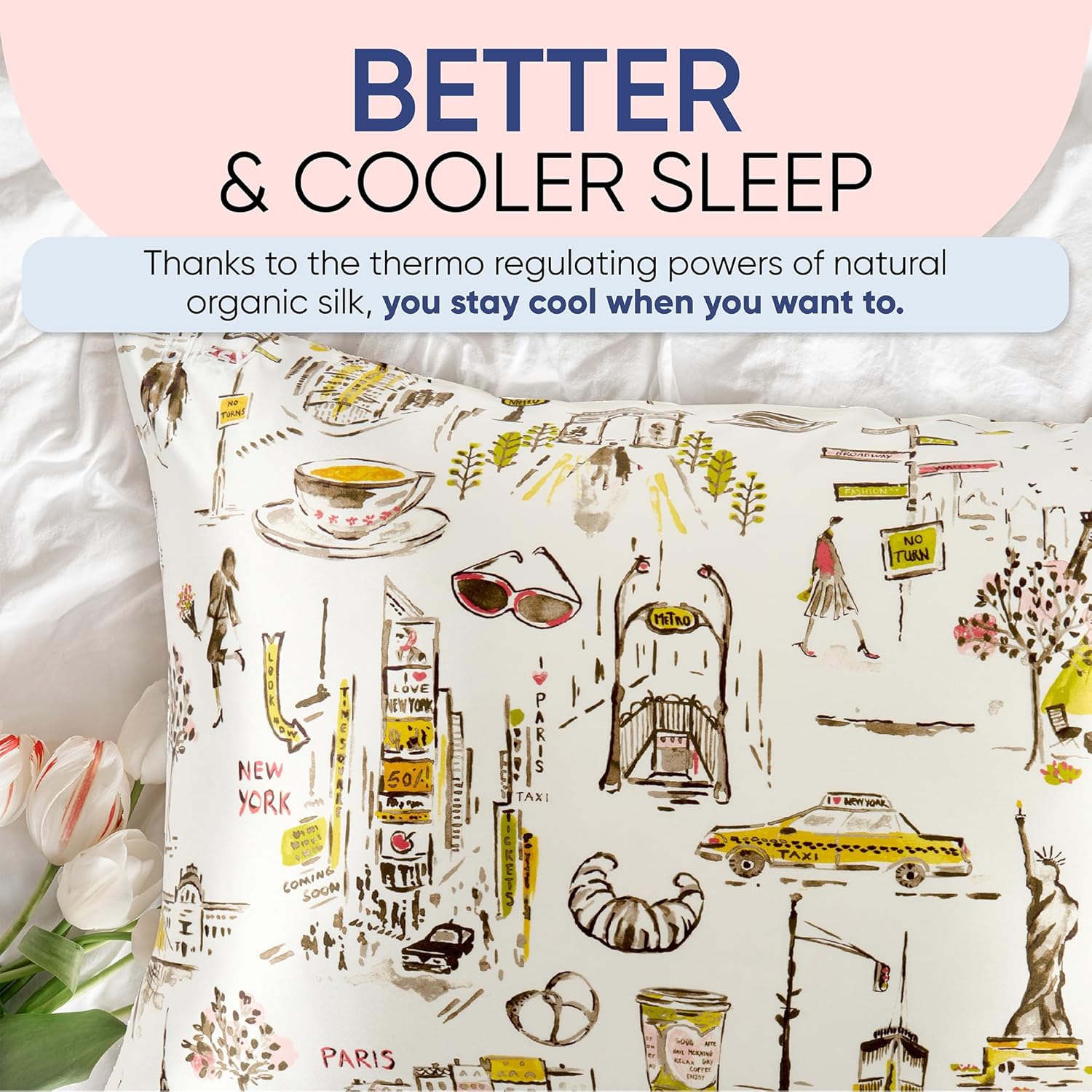 Blissy Silk Pillowcase - 100% Pure Mulberry Silk - 22 Momme 6A High-Grade Fibers - Silk Pillow Cover for Hair & Skin - Regular, Queen & King (Nicole Miller - NY to Paris, King)