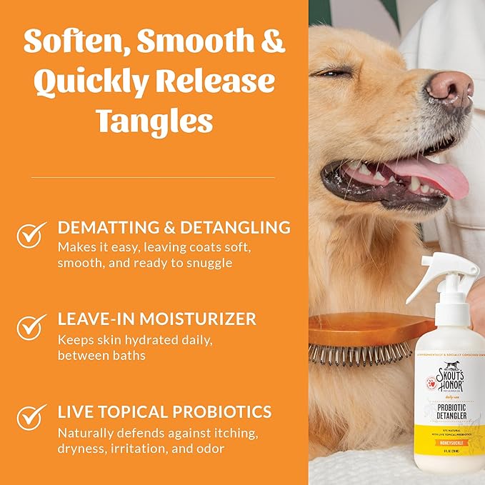 Skout's Honor Probiotic Pet Detangler Spray - Hydrating & Conditioning w/Avocado Oil, 97% Natural, Paraben & Sulfate-Free, softens for a More brushable Coat, Daily Use, 8oz, Honeysuckle