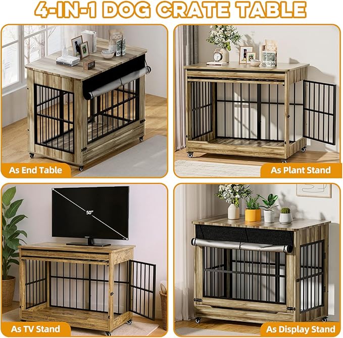46" Large Dog Crate Furniture, Double Door Wooden Indoor Dog Kennel Furniture, Decorative Pet Cage End Table with Wheels for Extra Large Breed Dogs, Size 2XL, Rustic Brown