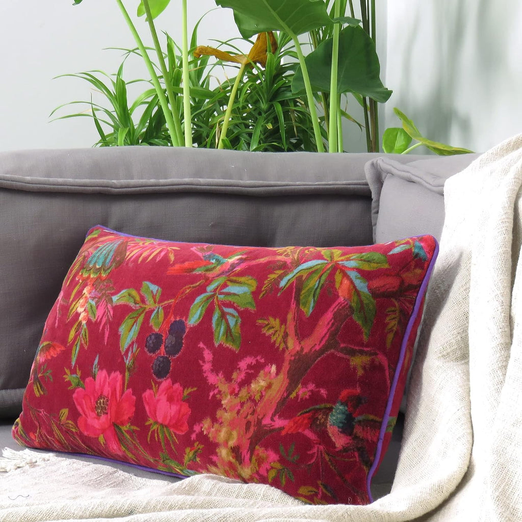 Eyes of India Velvet Floral Flower Bird Throw Pillow Sofa Cushion Cover Case Couch Colorful Boho Chic Bohemian Accent Indian Handmade (Burgundy, 20" x 12")