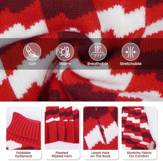 Dog Sweaters for Extra Large Dogs Girl, Dog Sweater Dress with Leash Hole, Thick Turtleneck Knitwear for Female Dogs, Warm Fall Winter Dress for Cold Weather, Holiday - Red XXXXL
