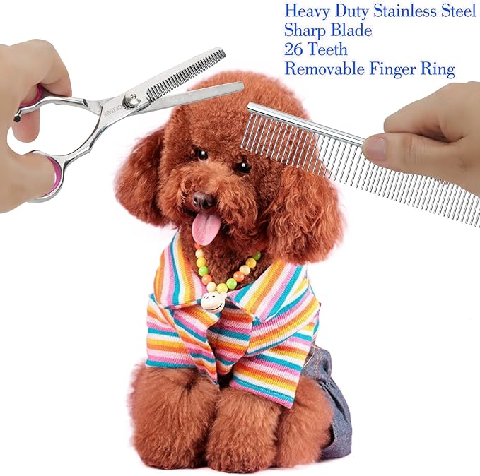 GEMEK Pet Cat Dog Grooming Scissors Set 4 Pieces Stainless Steel Professional Pet Trimmer Kit - 7.5 inch Straight Cutting, Thinning Shears, Curved, Grooming Combs
