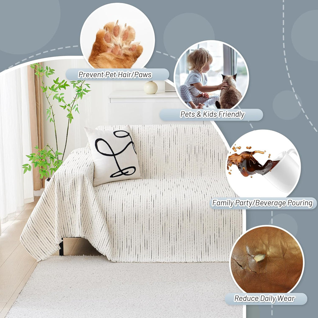 MYSKY HOME Couch Cover for Dogs, Sectional Couch Cover, Beige Lines Sofa Covers for Sectional Sofa L Shape Chenille Couch Protector for Dogs Pets Couch Covers Washable Soft Throw, 71" X118"