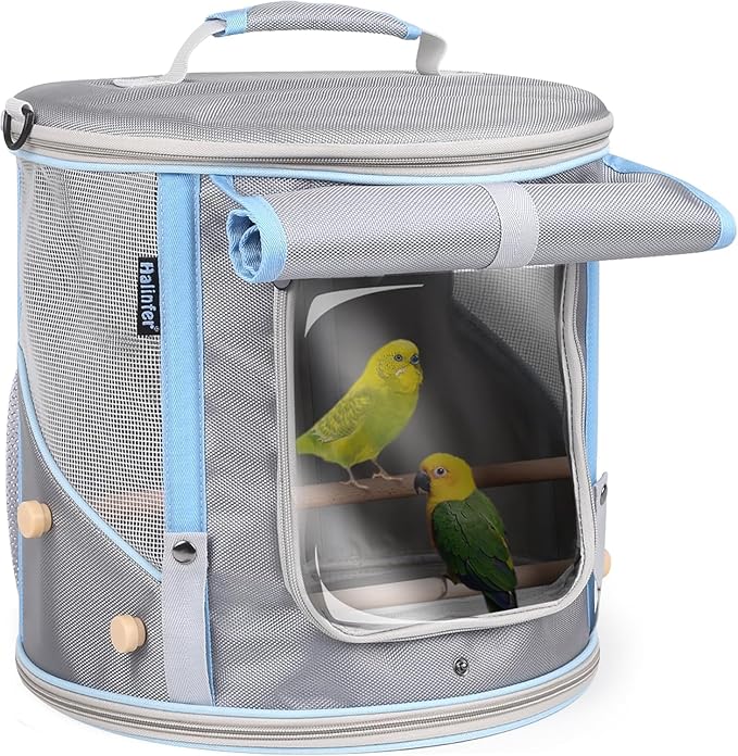 halinfer Bird Travel Carrier Cage for Small to Medium Size, Portable Parrot Parakeet Cockatile Conure Transport Cage with Clear Window and Fabric Shade, Round Carry Bird Bag