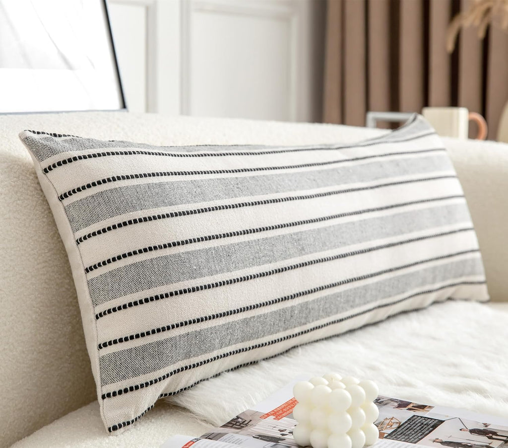 Decorative Boho Lumbar Pillow Covers, Modern Farmhouse Couch Pillowcase, 14 x 36 Long Accent Body Throw Pillow Covers, Sofa Bed Living Room Decor Cushion Case, Black and Beige, Pack of 1