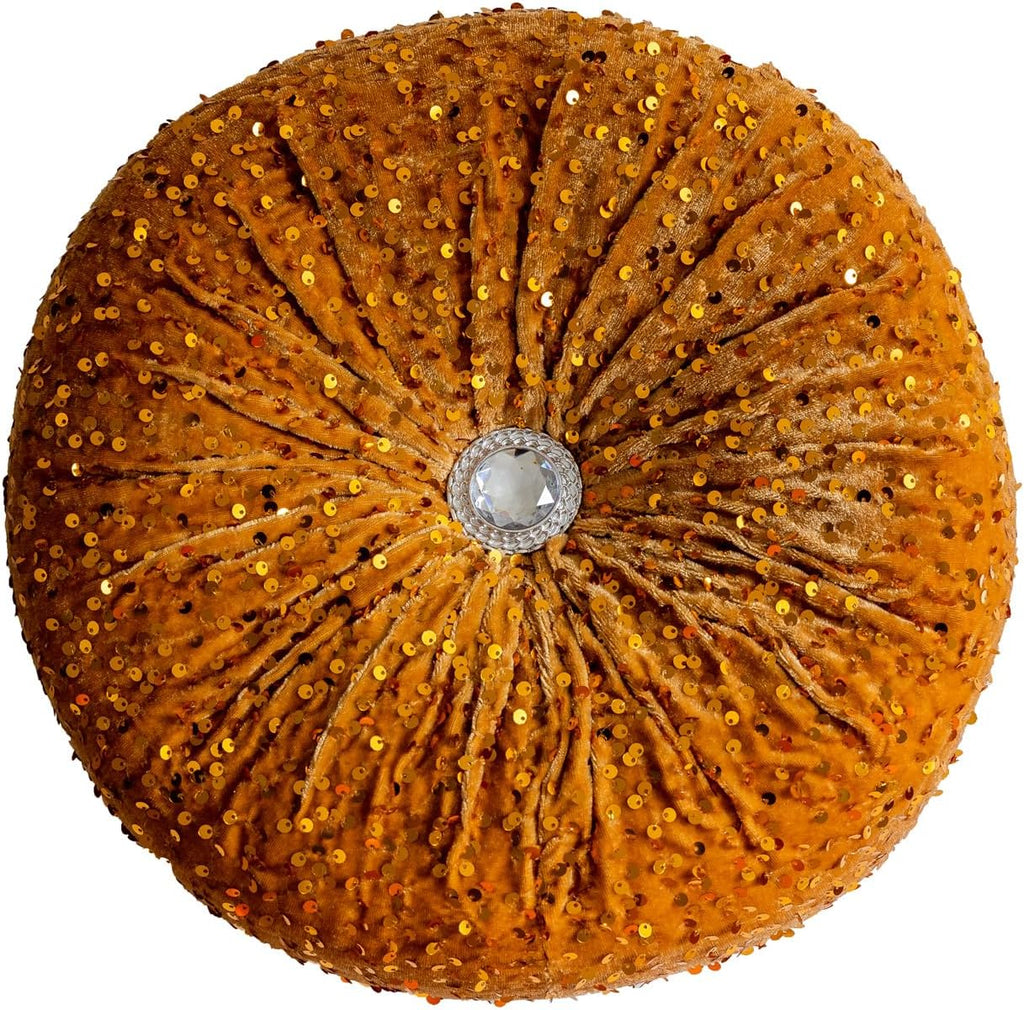 Round Throw Pillow, 13.7" Soft Glitter Sequin Pleated Pumpkin Decorative Round Pillow Circle Floor Pillow Cushions for Sofa Bed Chair Living Room Floor Home Decoration, Yellow
