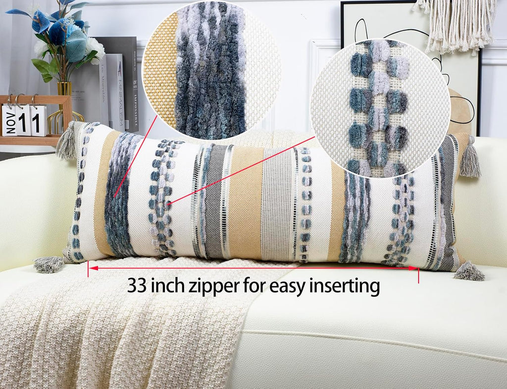 PANOD Boho Long Lumbar Throw Pillow Cover 16 x 36 Light Grey, Chenille Morocan Extra Long Pillow Case Cover, Decorative Long Pillow for Bed Couch Sofa Farmhouse