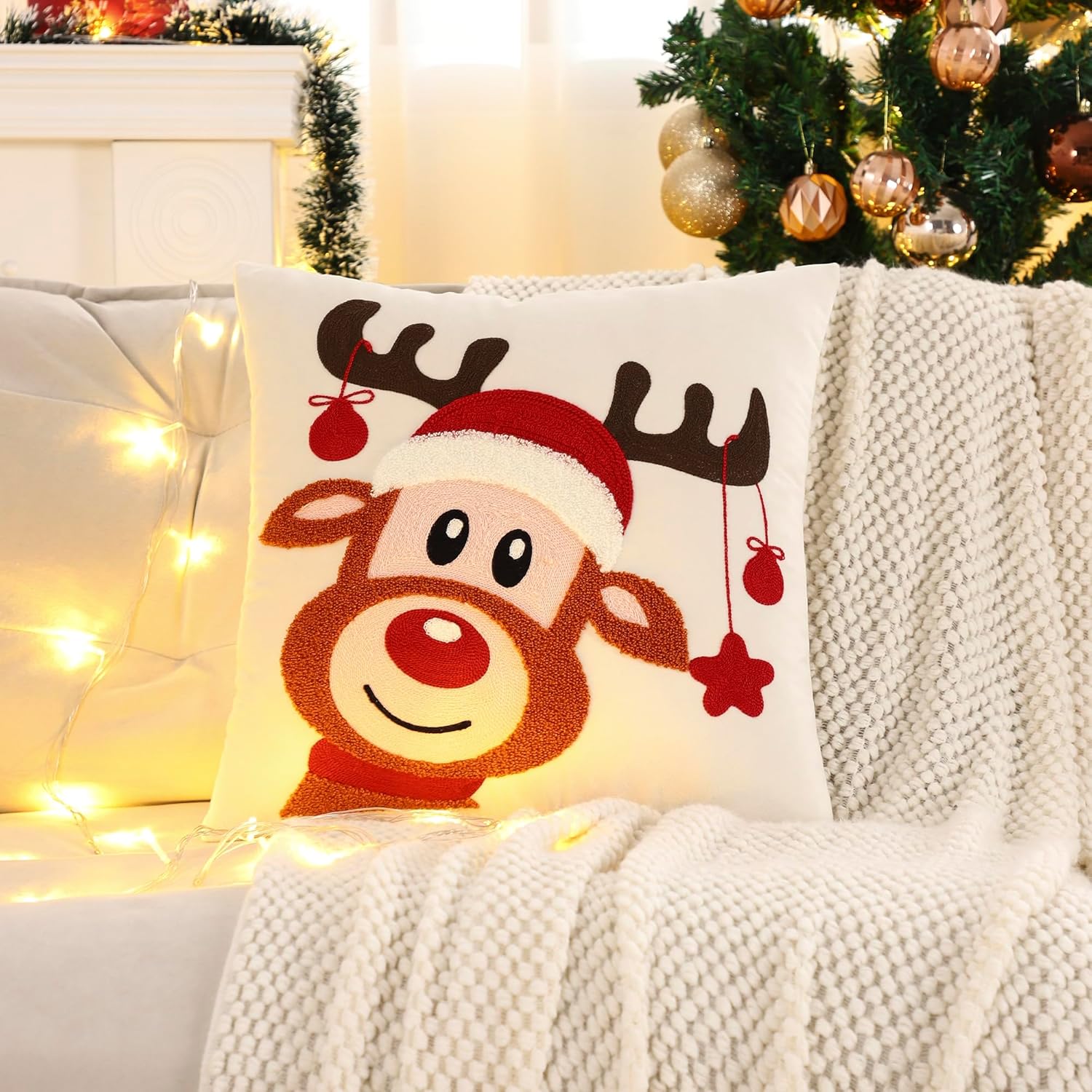 LUOYEHK Christmas Pillow Covers 18x18 Set of 2 Cute Reindeer Decorative Beige Pillow Cases Winter Holiday Velvet Embroidered Cushion Covers for Couch Sofa Bed