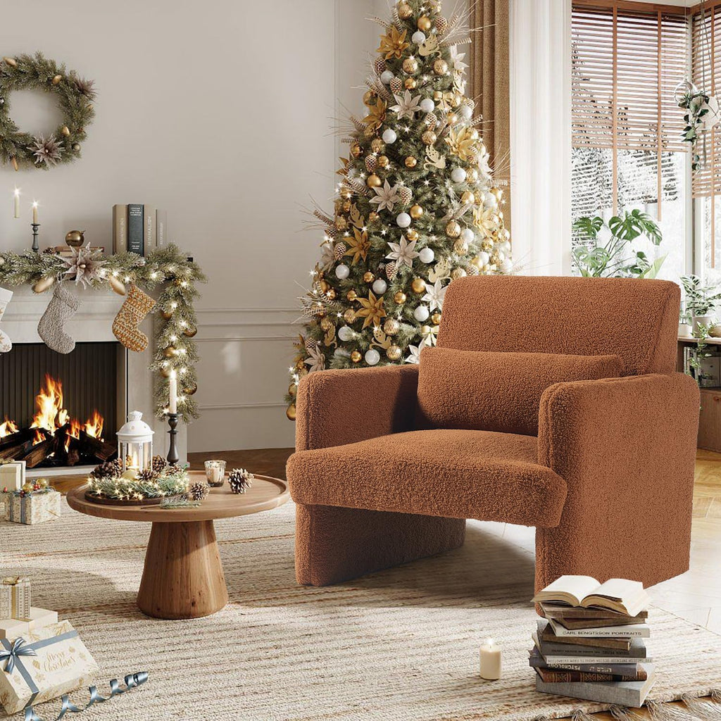Gaussen Sherpa Accent Chair Mid Century Modern Living Room Chairs with Pillow Fluffy Single Sofa Chair Upholstered Arm Chair Oversized Reading Chair Comfy Chair for Bedroom/Office/Cafe (Autumn)