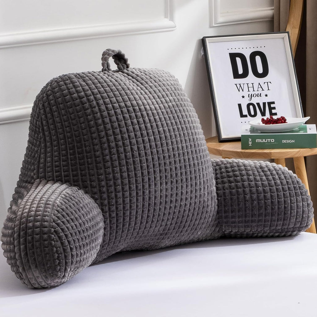 A Nice Night Reading Pillow Bed Wedge Large Adult Children Backrest with Arms Back Support for Sitting Up in Bed/Couch for Lounging Bedrest,Waffle Stereoscopic Design,Darkgrey