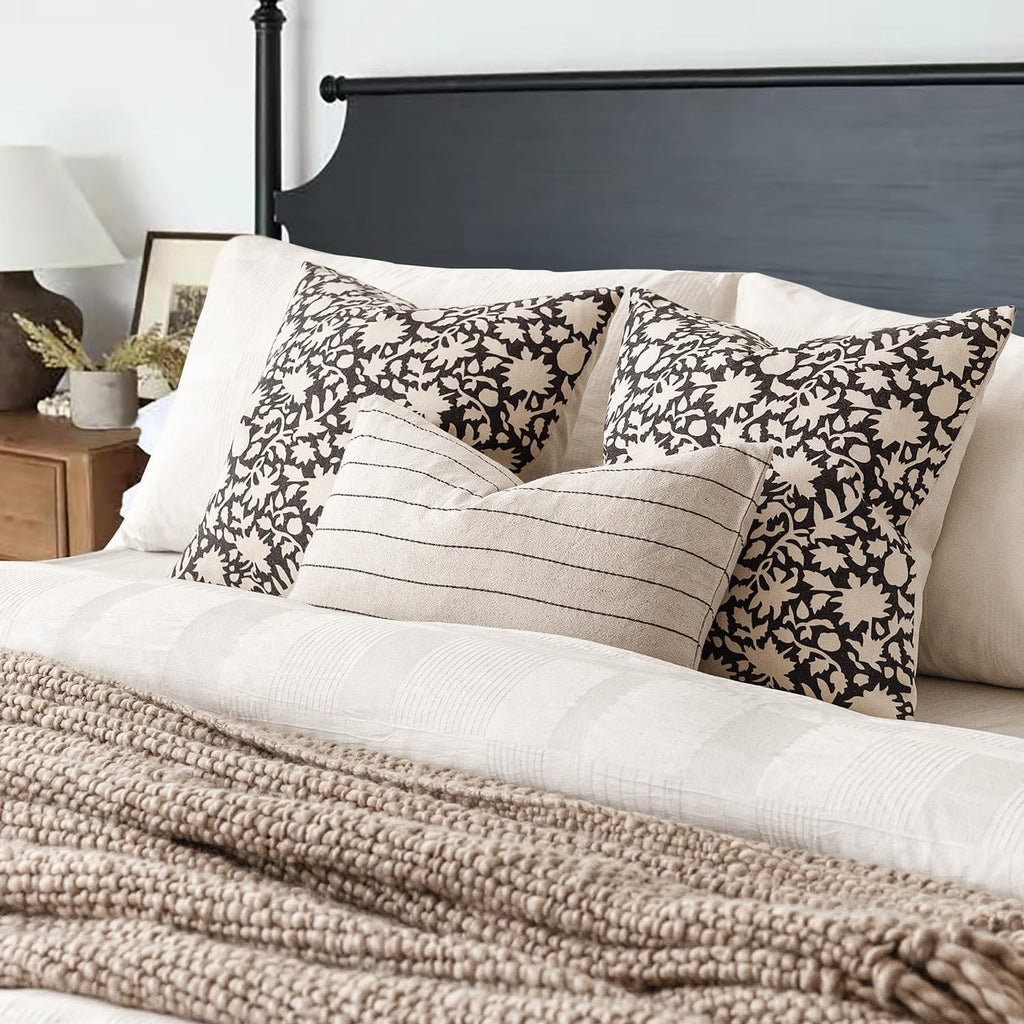 Foindtower Set of 2 Decorative Neutral Floral Throw Pillow Covers Accent Farmhouse Cushion Covers Boho Vintage Pillowcase for Couch Sofa Bedroom Living Room Home Decor24×24 Inch,Black