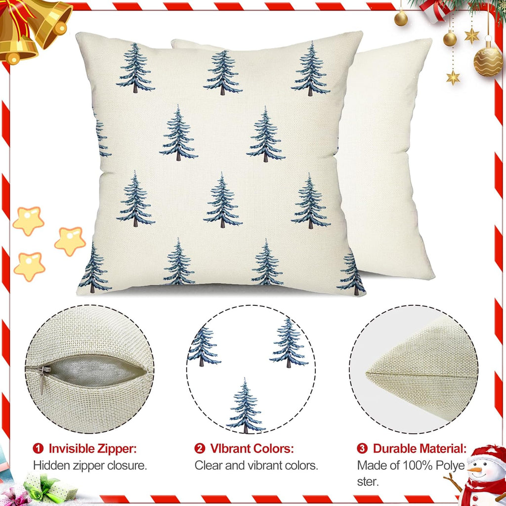 DFXSZ Christmas Pillow Covers 18x18 inch Set of 2 Winter Blue Christmas Tree Decorative White Throw Pillow Covers Winter Famliy Decoration for Home Couch TH-30M18