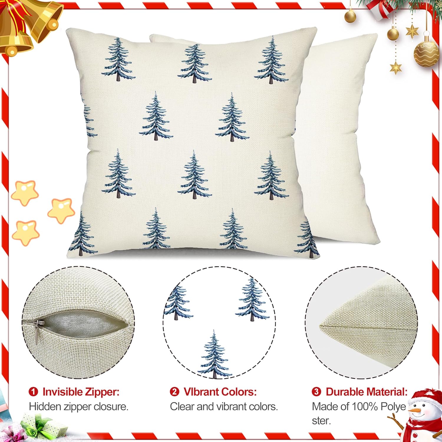 DFXSZ Christmas Pillow Covers 18x18 inch Set of 2 Winter Blue Christmas Tree Decorative White Throw Pillow Covers Winter Famliy Decoration for Home Couch TH-30M18
