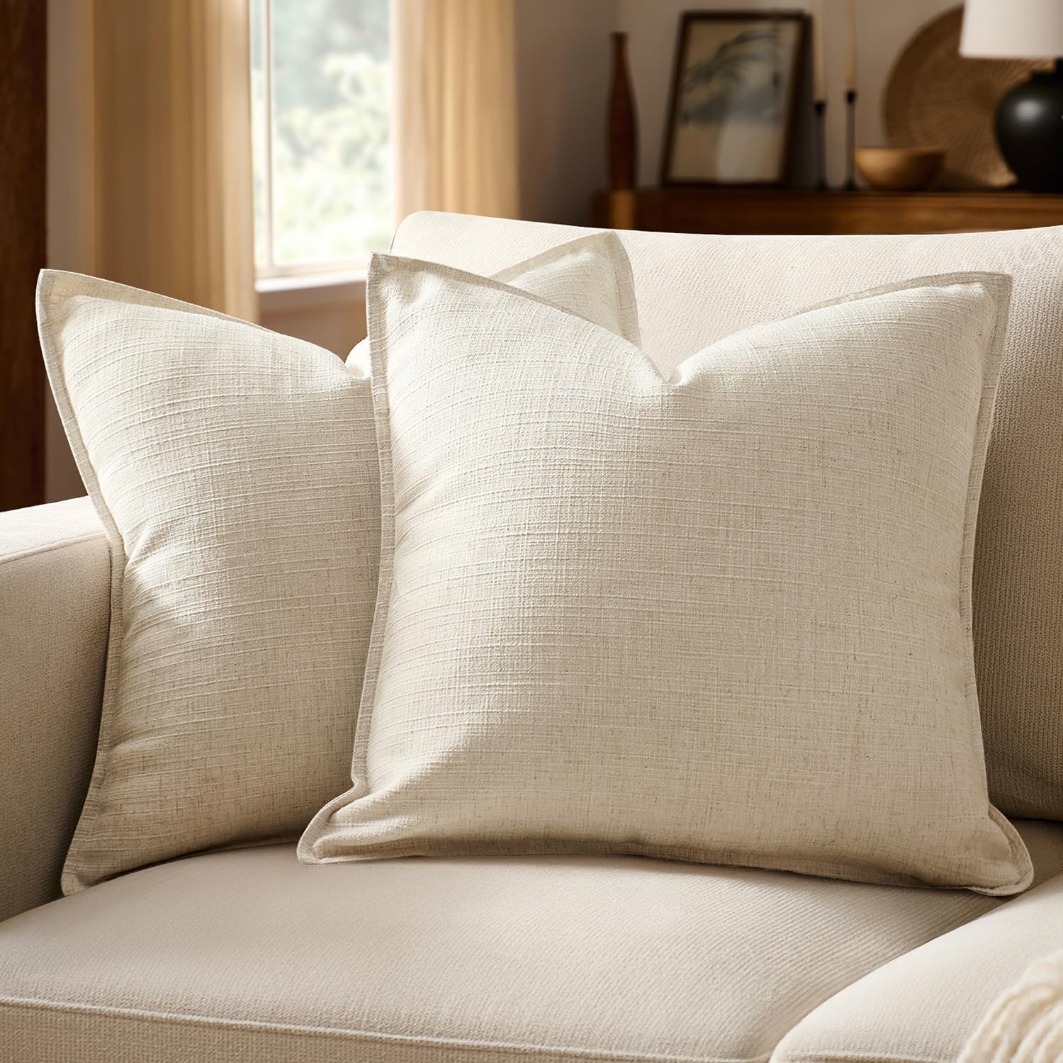 MIULEE Decorative Pillow Covers 20x20, 2 Pack Boho Farmhouse Neutral Throw Pillows for Couch, Thick Textured Modern Linen Cushion Cases Sofa Bed Living Room Home Decor, Natural Beige