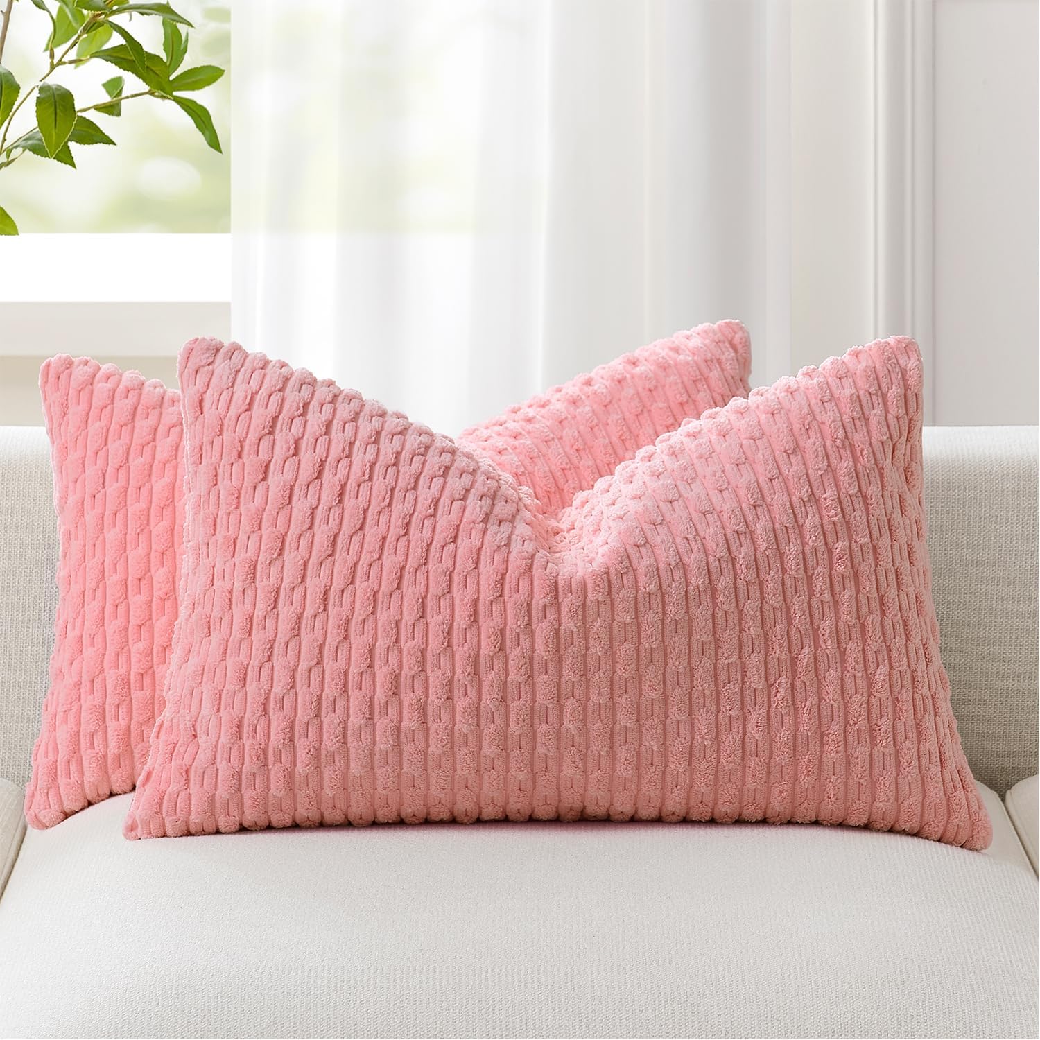 Kevin Textile Valentines Day 12x24 Inch Pillow Cover 1 Pack Boho Decorative Soft Striped Corduroy Lumbar Farmhouse Accent Rectangle Cushion Case for Living Room Couch Sofa Bed, Dark Pink