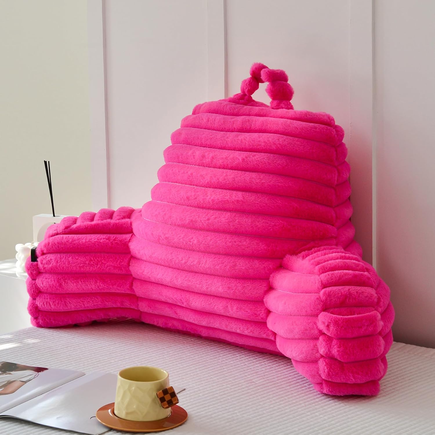 Yaoshuho Large Reading Pillow for Adults, Back Support Pillow for Sitting Up in Bed with Arms, Couch for Lounging Bedrest, Hot Pink