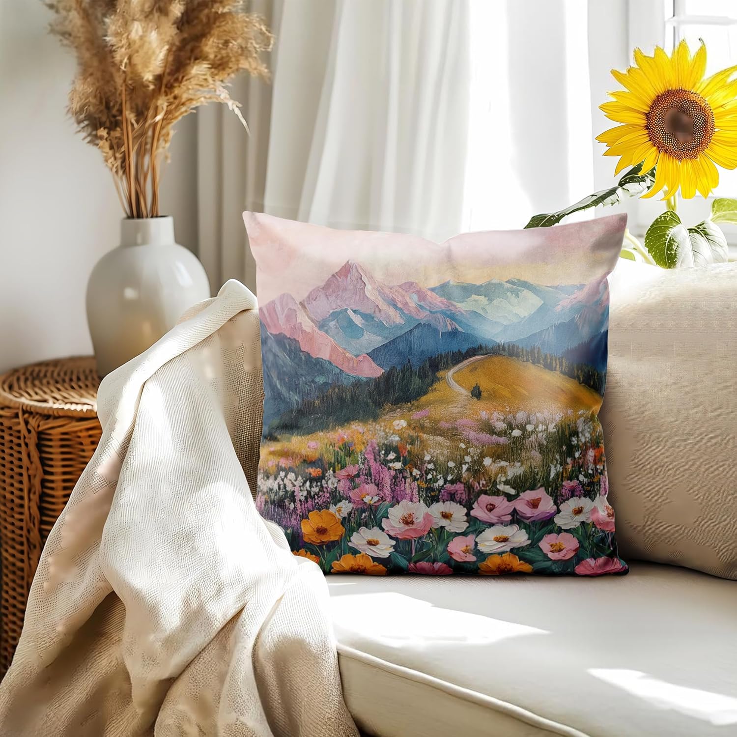 Boho Abstract Wildflower Pillow Covers 18x18，Watercolor Colorful Floral Landscape Scenery, Maximalist Nature Home Decor Throw Pillow Covers for Living Room Bedroom，A236