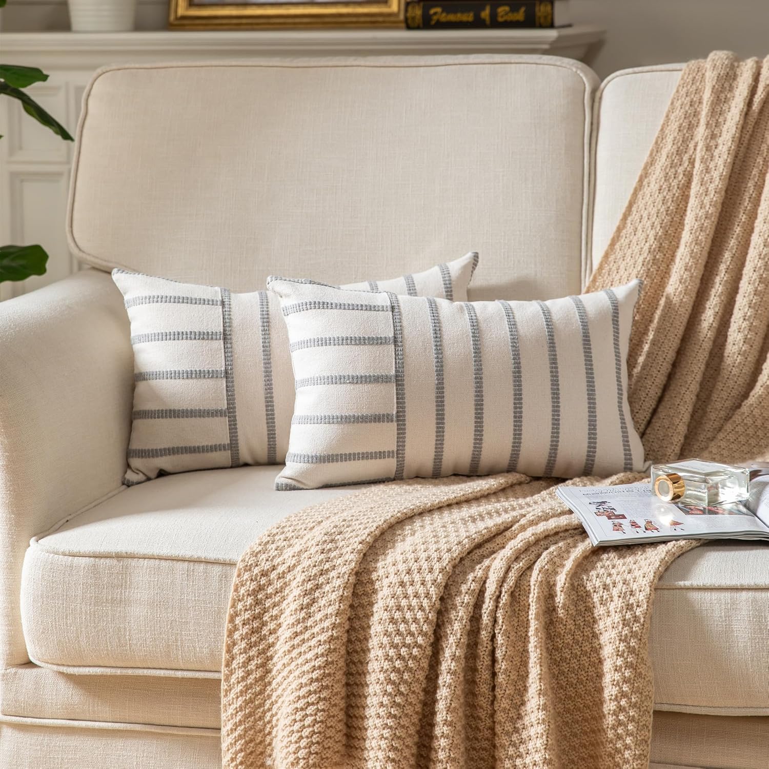 Caflife Boho Throw Pillow Covers 12x20 Set of 2 Soft Farmhouse Decorative Couch Pillow Cases Grey Striped Pillow Covers Neutral Cushion Covers for Sofa Bed Living Room Home Decor