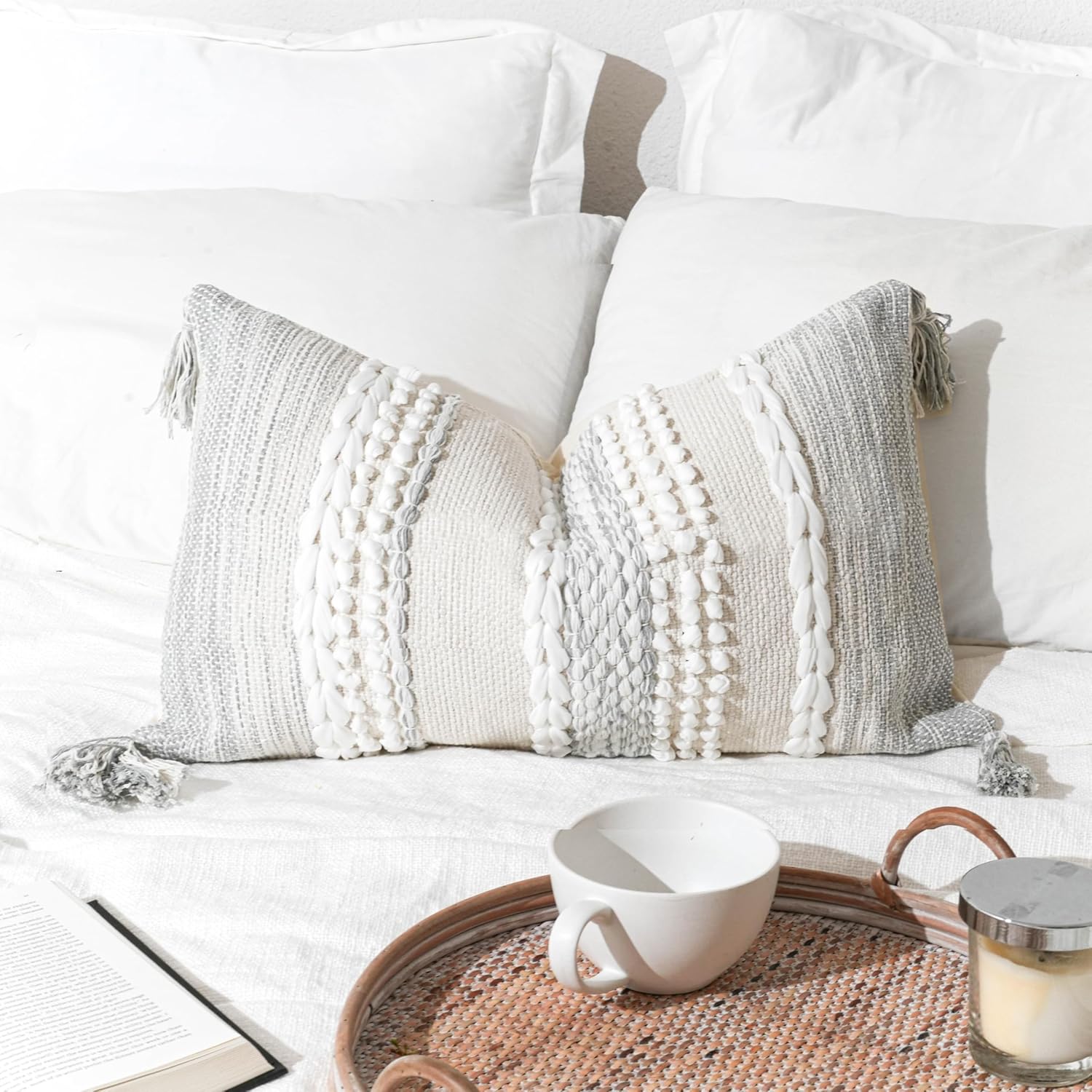 BlissBlush Gray Decorative Lumbar Pillow Cover 14x24, Boho Accent Throw Pillow Case for Couch Sofa Bed, Modern Farmhouse Textured Lumbar Cushion Bedroom Living Room, Cover ONLY