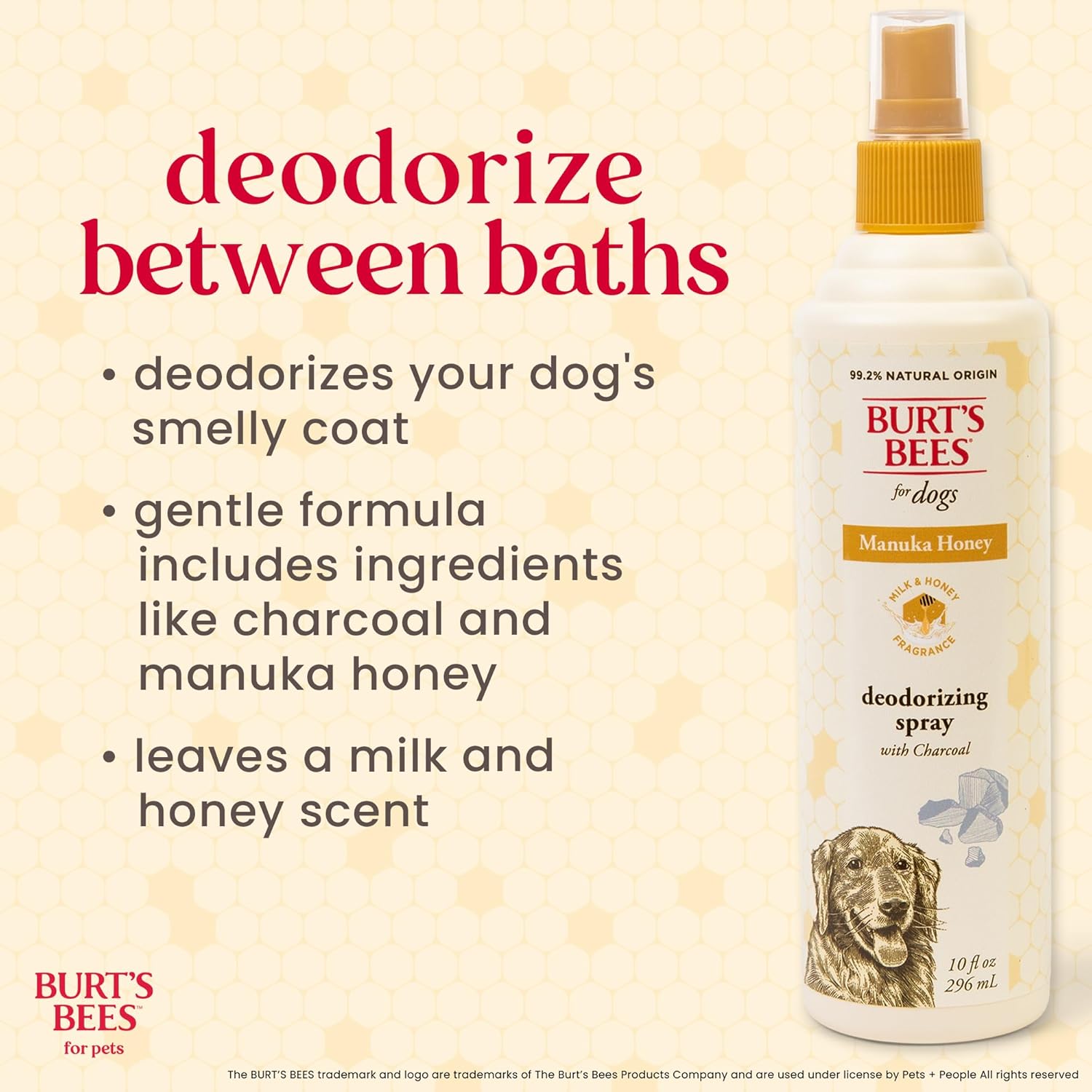 Burt’s Bees for Pets Deodorizing Dog Spray with Manuka Honey and Charcoal for Dogs - Naturally Derived Ingredients, Formulated Without Artificial Fragrances, Sulfates, Colorants, 10 Fl Oz