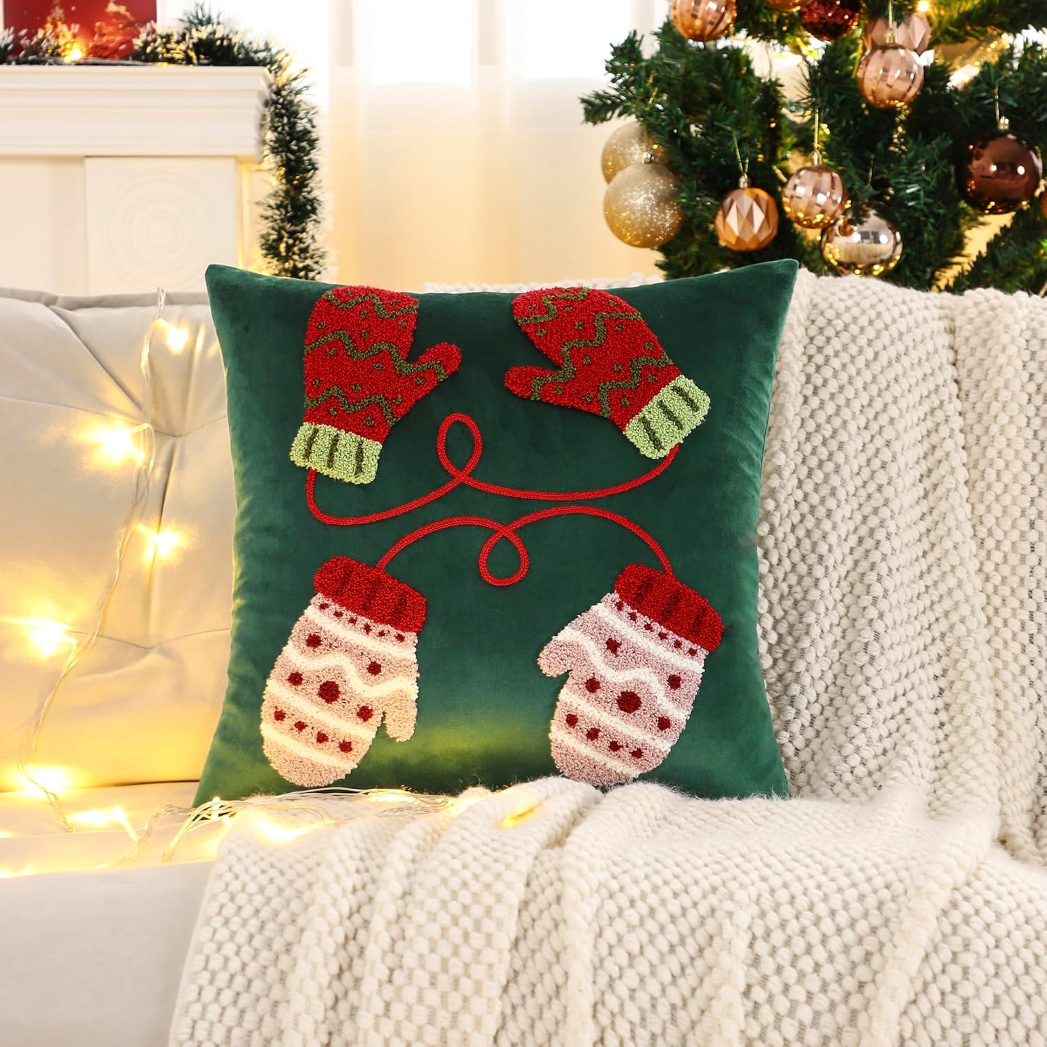 LUOYEHK Christmas Pillow Covers 18x18 Set of 2 Cute Gloves Decorative Green Pillow Cases Winter Holiday Velvet Embroidered Cushion Covers for Couch Sofa Bed