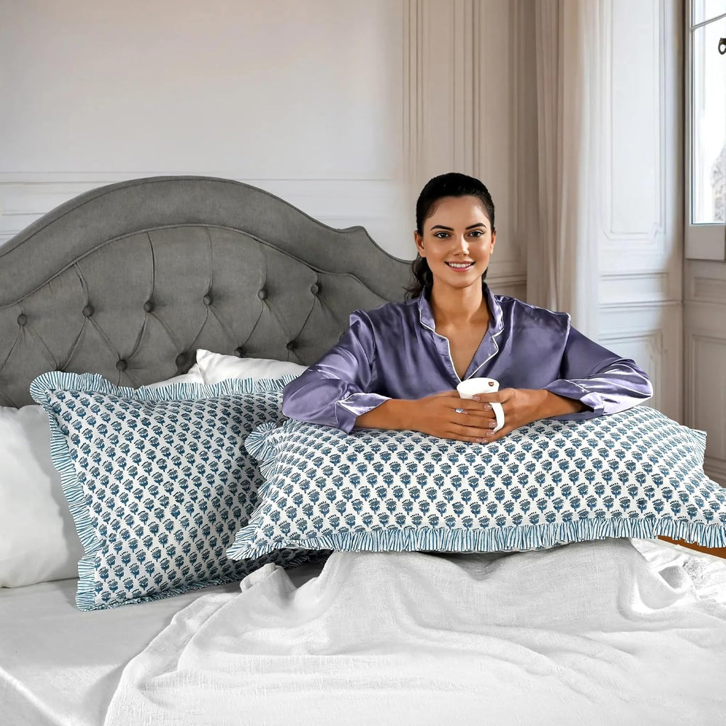 CPC Apatite Blue 100% Cotton Block Print Ruffle Sham Cover 20X36 inch Pack of 2, Handmade Boho Floral Pillowcase, Soft Decorative King Bed Pillow Cover for Bedroom Décor