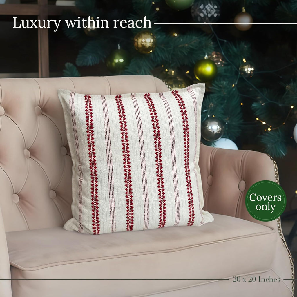 SanVia Winterberry Premium Cotton Throw Pillow Covers,20x20 inch,Red White Shimmer Stripe,Luxury Holiday Themed Handwoven Couch Pillow Covers,Hidden Zipper,Home Décor Cushion Cover,Insert Not Included