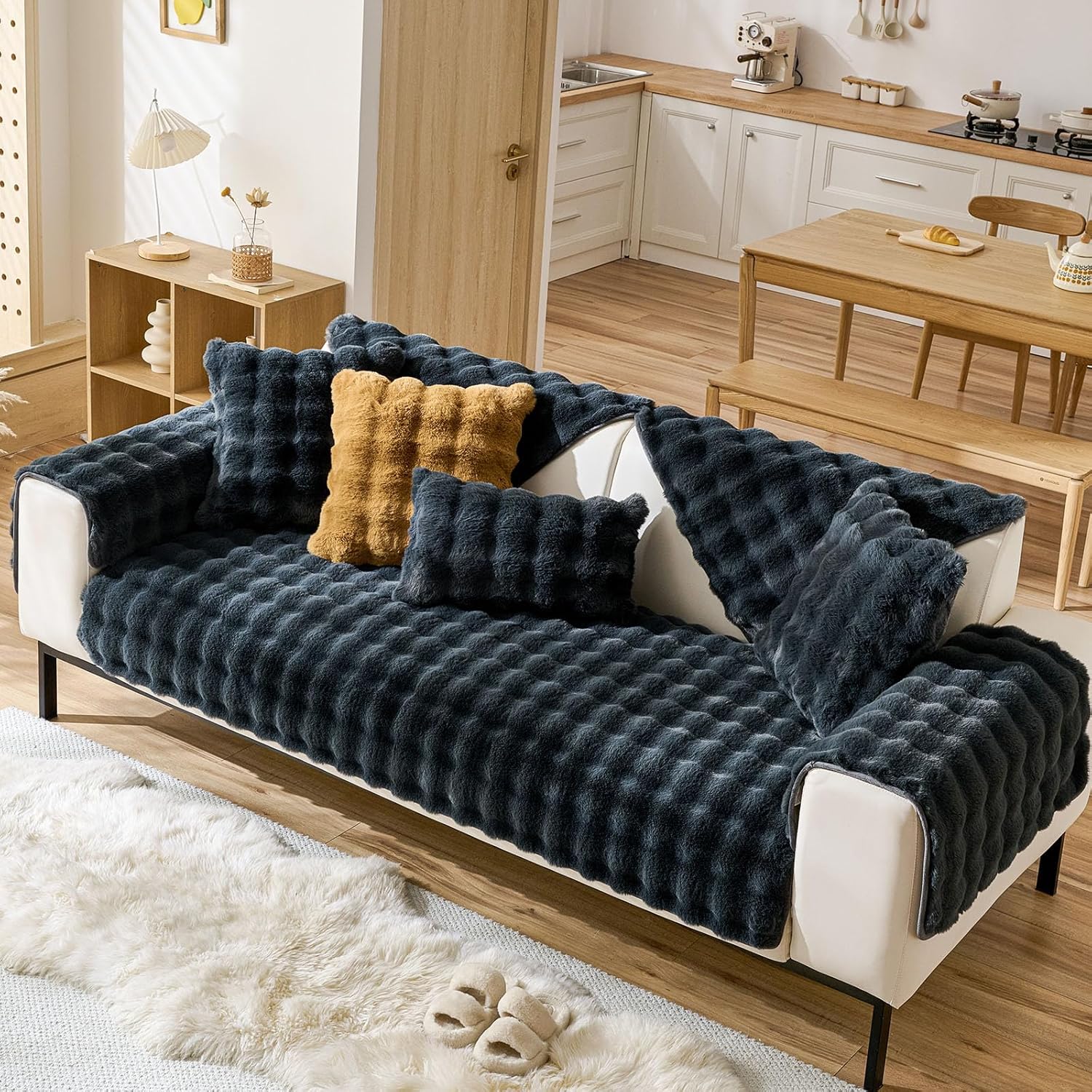 Faux Fur Armrest Cover Backrest Cover Fuzzy Plush Thick Bubble Sofa Cover Luxury Soft Cozy Couch Cover Anti-Slip Sofa Slipcover Washable Furniture Protector (Dark Grey,28"x28")